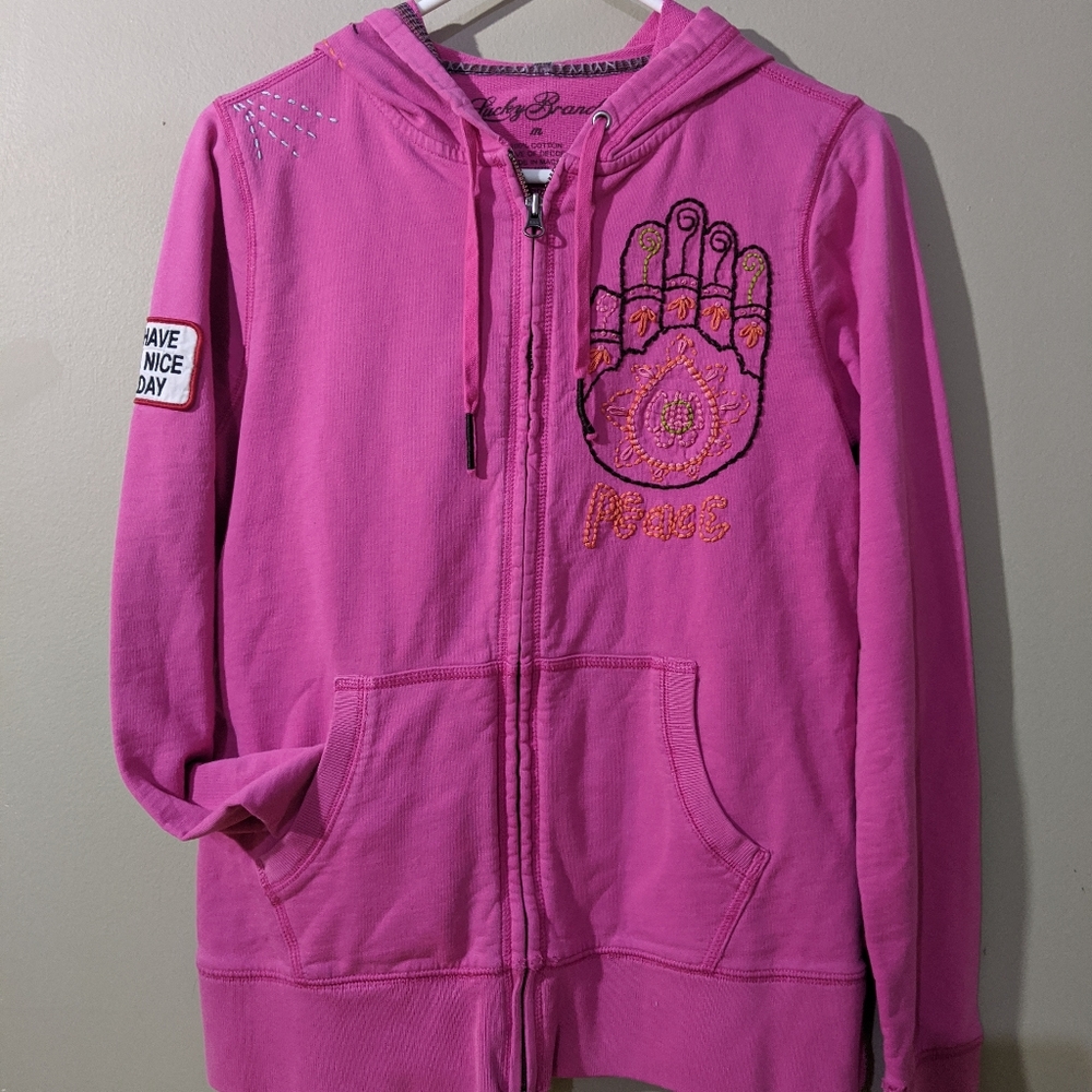 Lucky Brand Pink Zip Up Hoodie Sweatshirt Medium